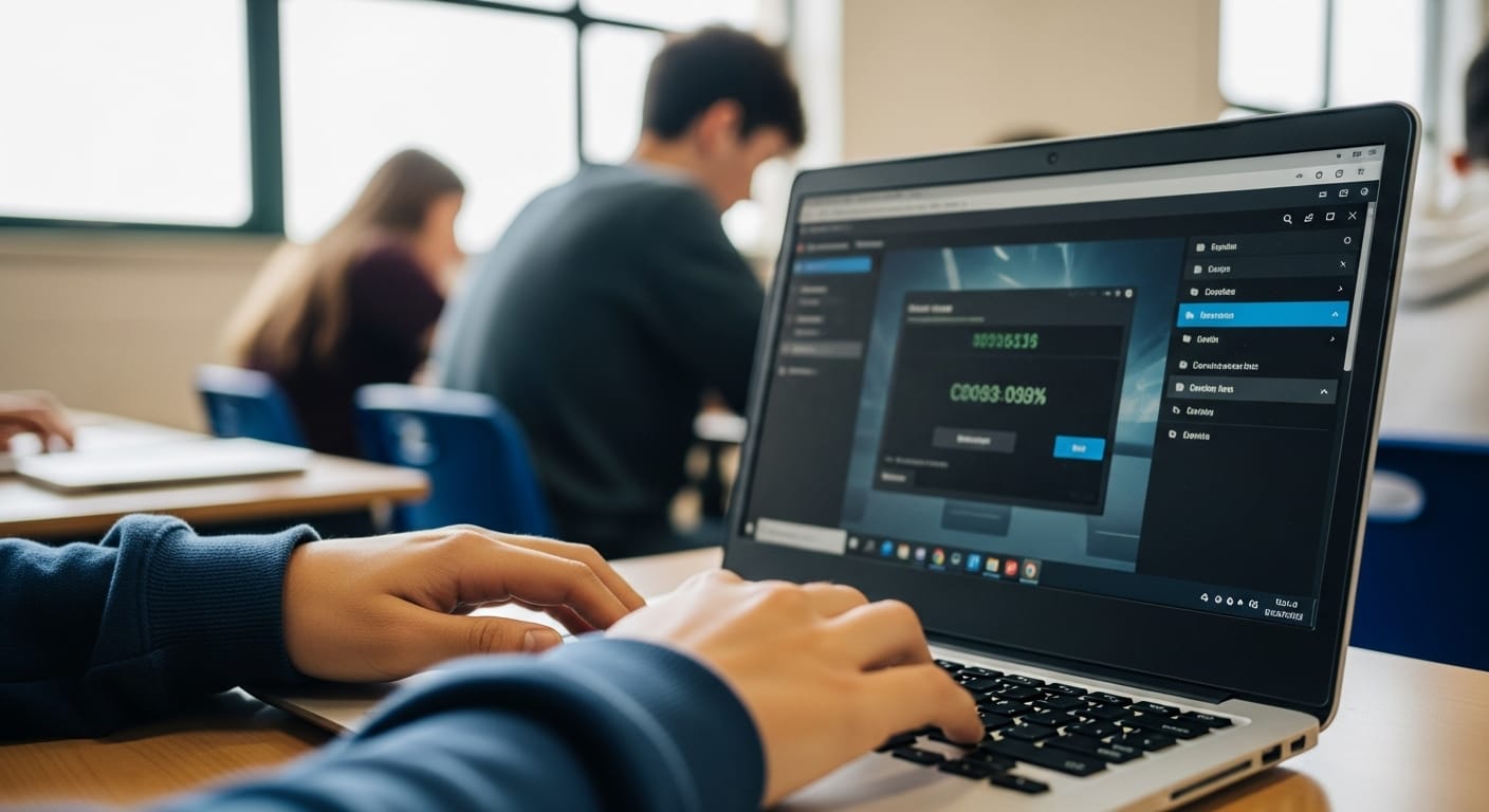 Student entering a game code on Gimkit's join late feature after disconnection during class