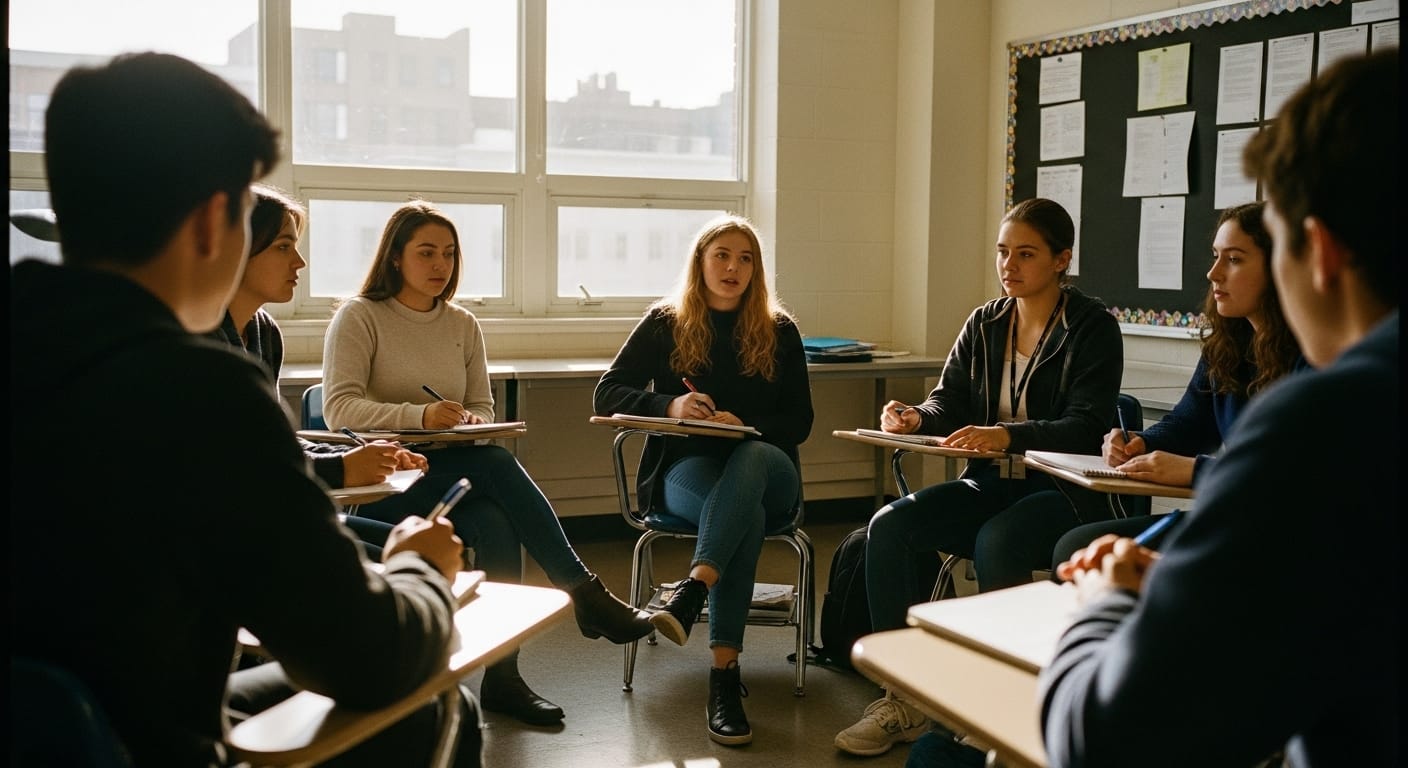 Students sitting in a circle having an open, respectful Socratic seminar discussion with notebooks and books on the table