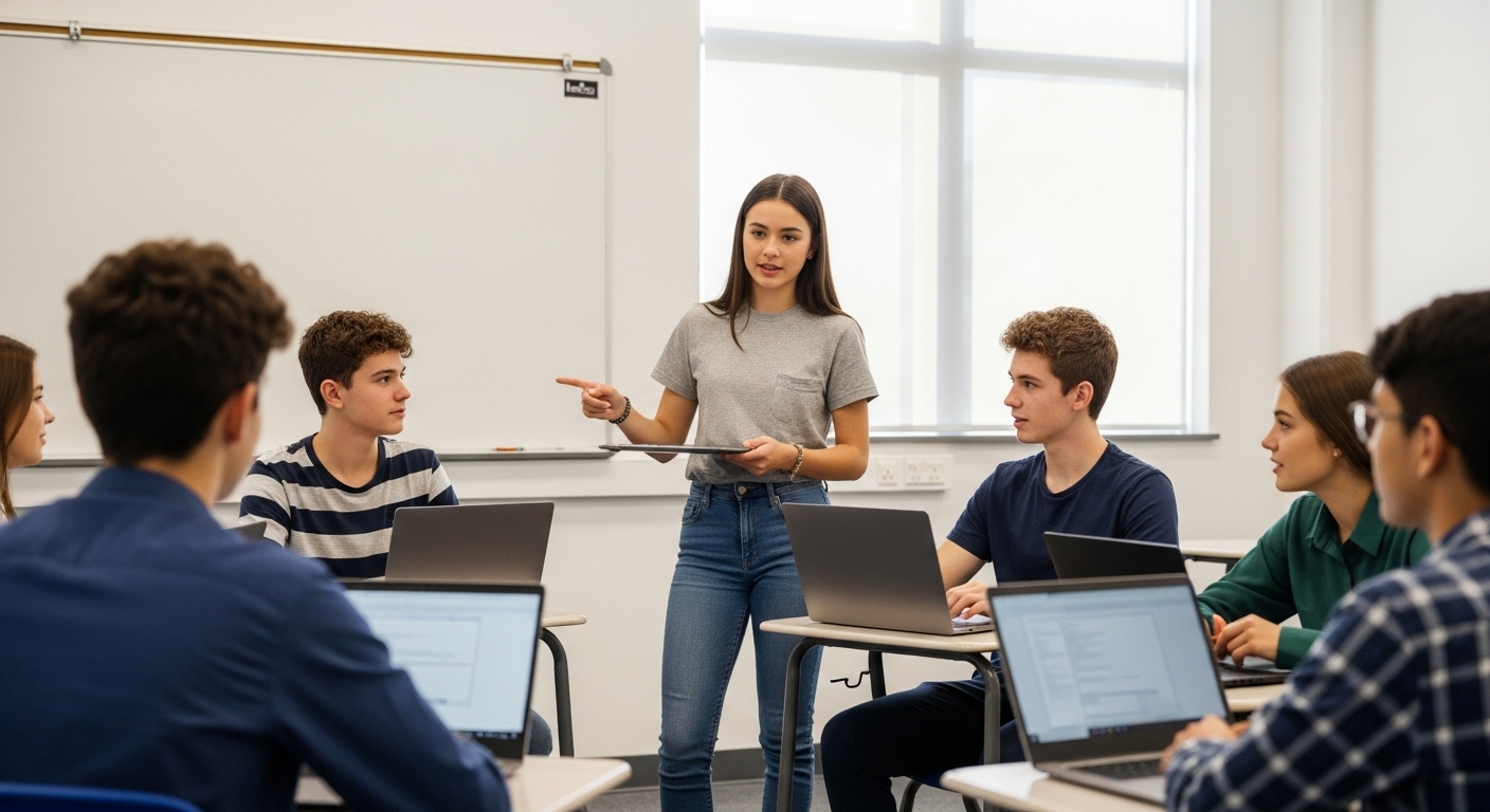 Confident student standing at the front of the class using a laptop, leading a peer discussion with classmates around, showcasing leadership through Gimkit content