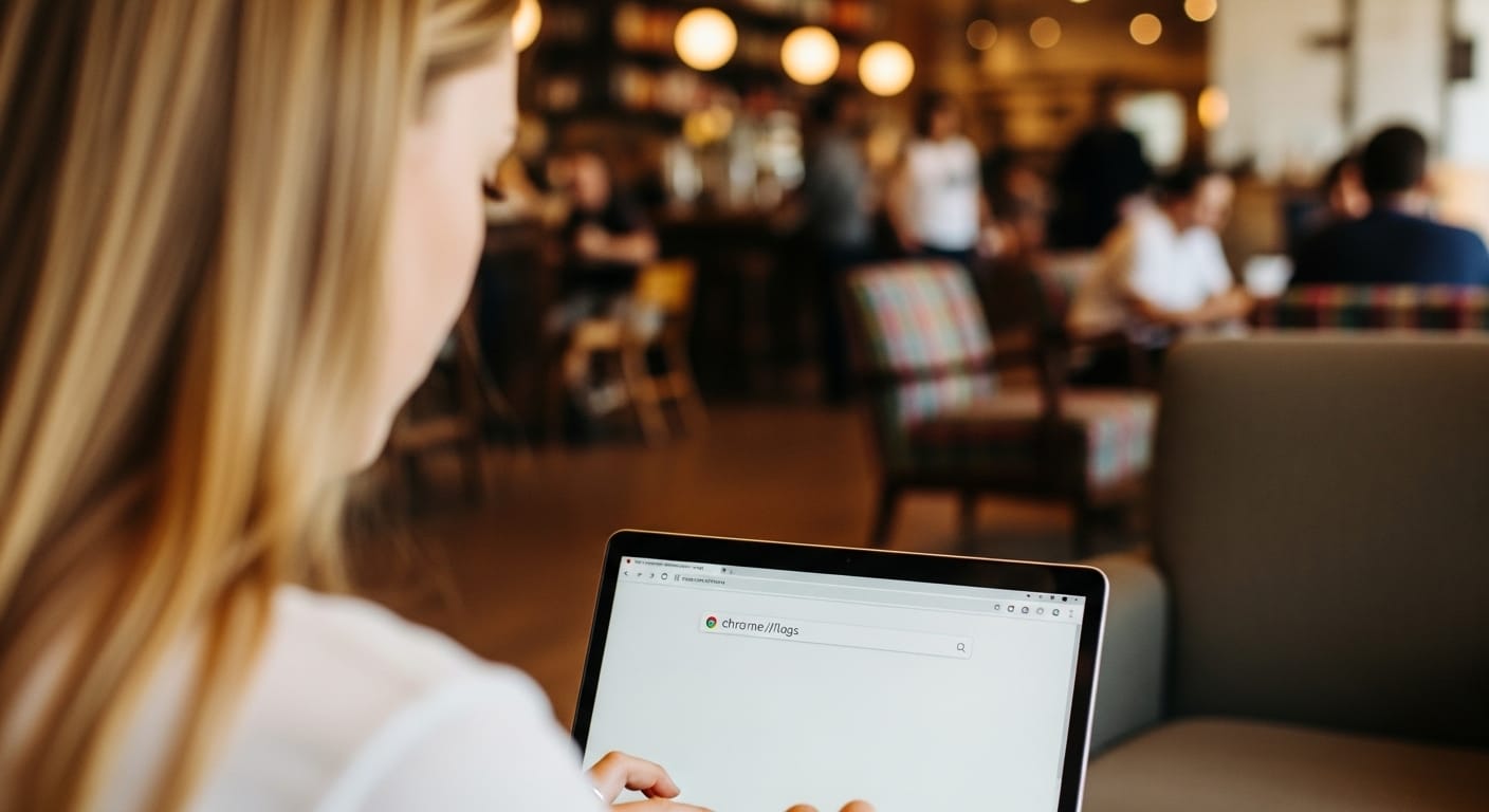 Chromebook user typing chrome://flags into the browser address bar