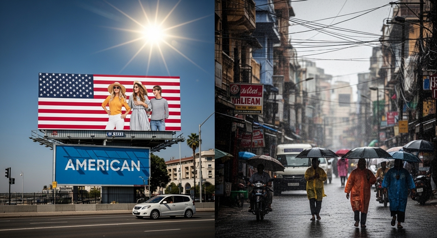 Split-screen showing an American-style summer ad clashing with rainy Indian streets, symbolizing geographic ad mismatch.