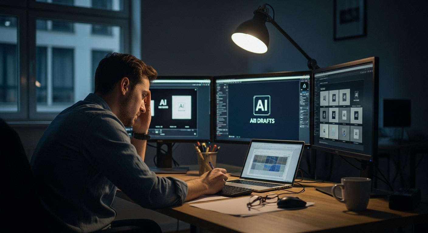 Marketer re-editing AI-generated advertisements on multiple monitors, looking overwhelmed and stressed