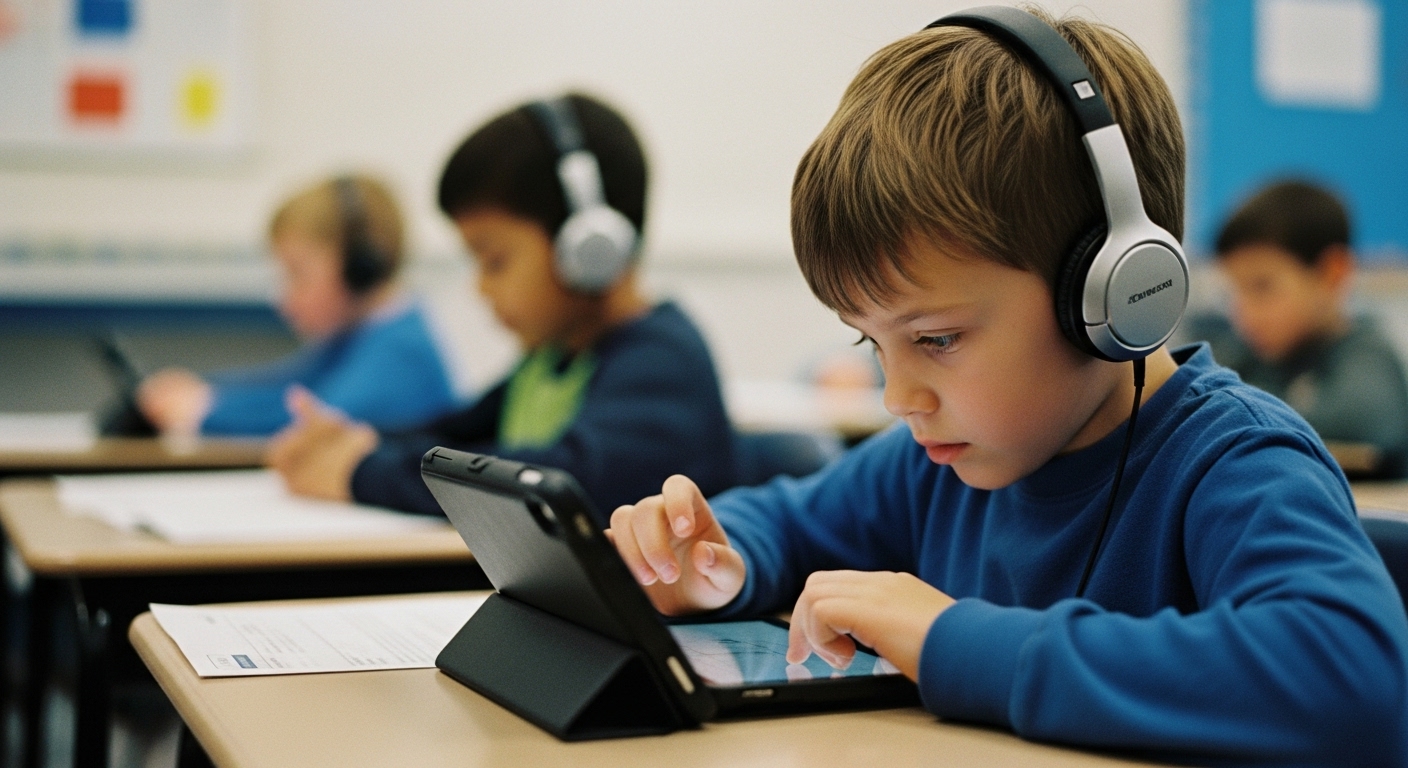 Elementary student with headphones concentrating on a tablet to keep classroom noise levels down.