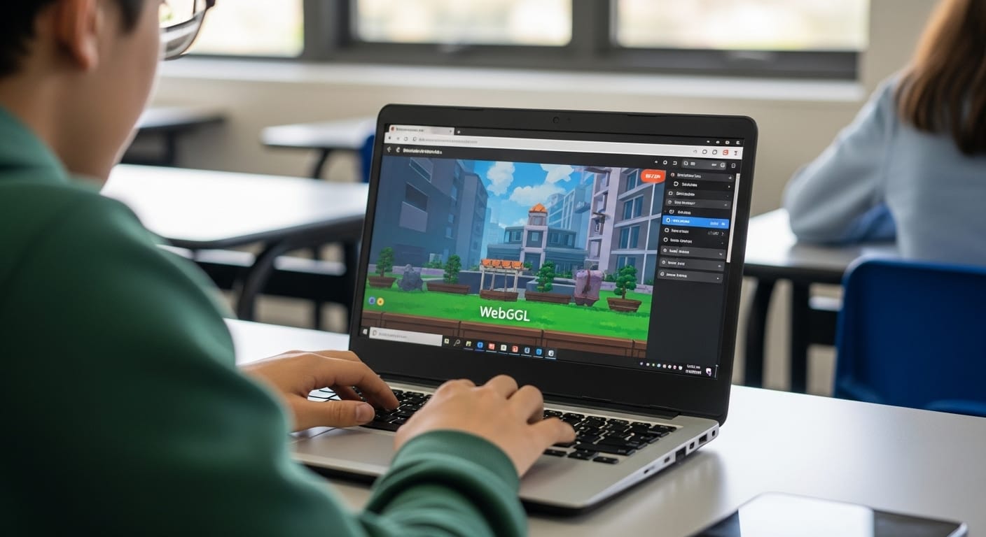 Student playing a 2D online game on a laptop with smooth graphics, WebGL settings checked