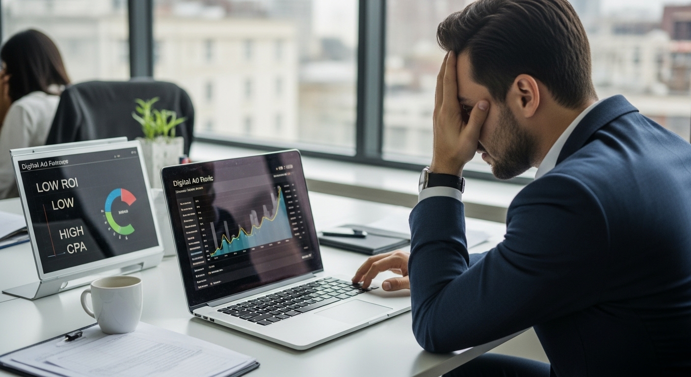 Business professional looking frustrated at ineffective digital ads with low ROI metrics on a laptop screen
