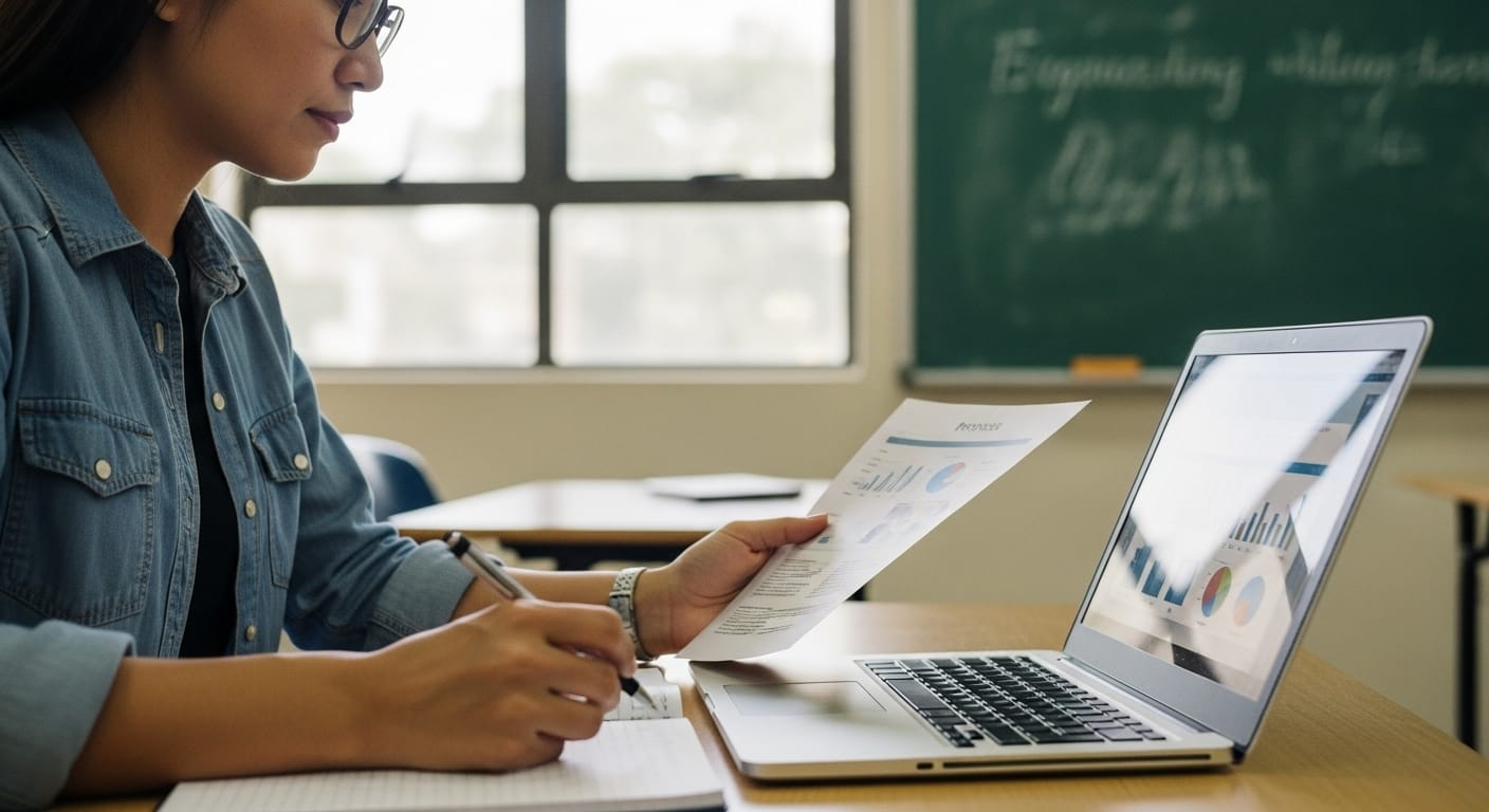 Focused teacher analyzing student performance data on a laptop, using reports to guide teaching strategies and learning goals