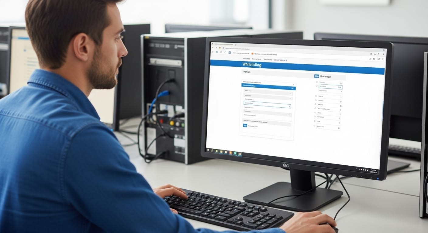 IT professional setting up a school network firewall, adding Gimkit domains to the whitelist on a computer screen