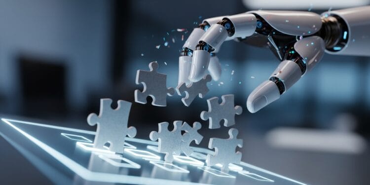 A broken AI robot hand struggles to insert mismatched, jagged puzzle pieces into a sleek, futuristic ad generator interface, symbolizing the financial and brand damage from poor AI advertising inputs.