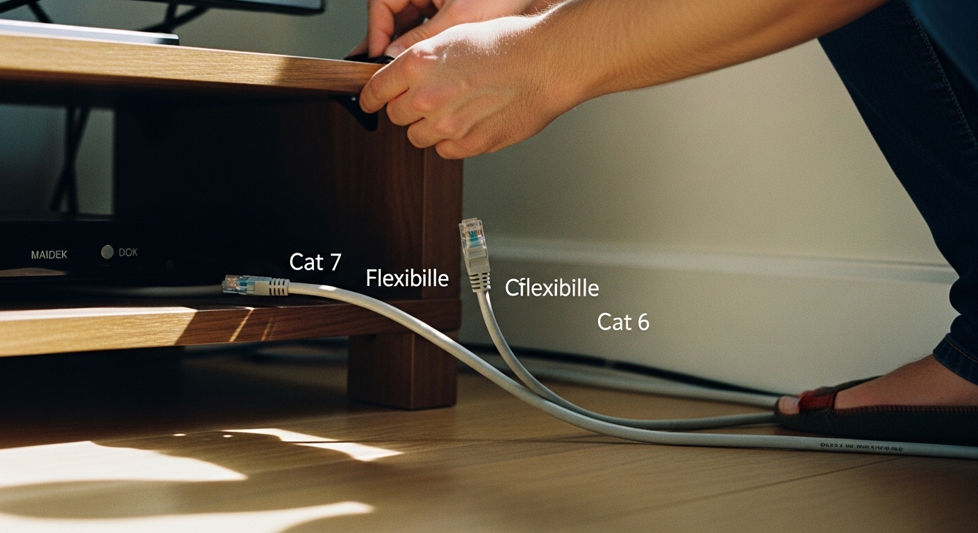 Cat 6 vs Cat 7 Ethernet cables being routed through tight spaces in a modern home setup

