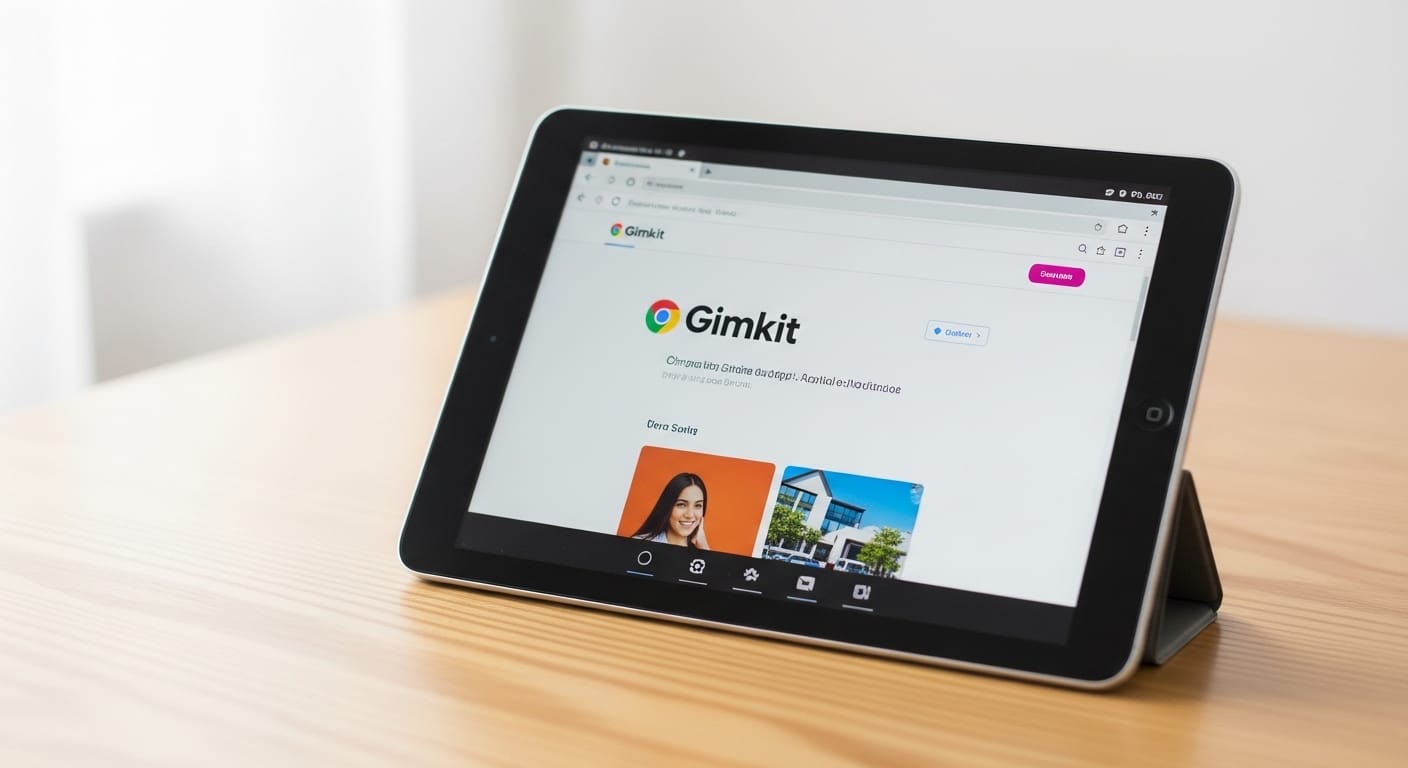 Android tablet with Chrome browser opened on Gimkit site, showcasing web-based gameplay