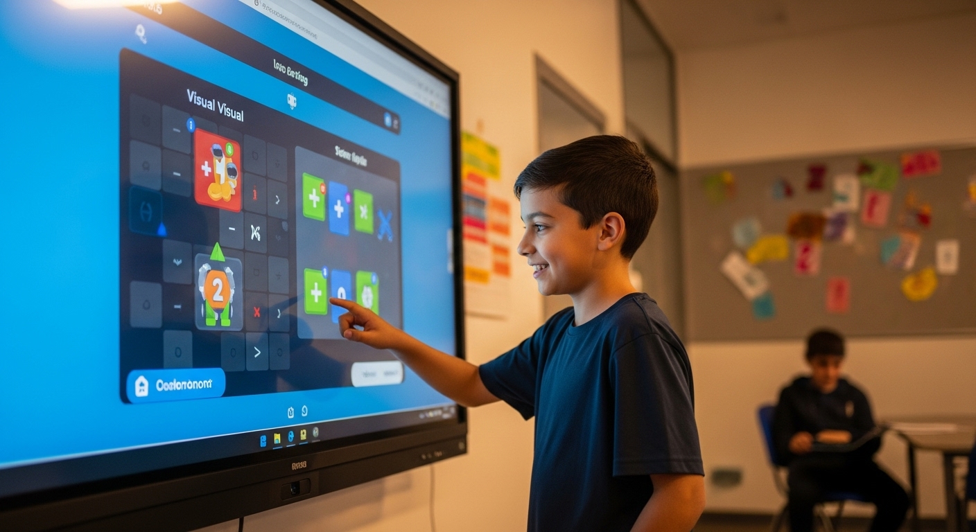 Young student interacting with a gamified math learning app that includes colorful visuals and virtual rewards on a touchscreen device.