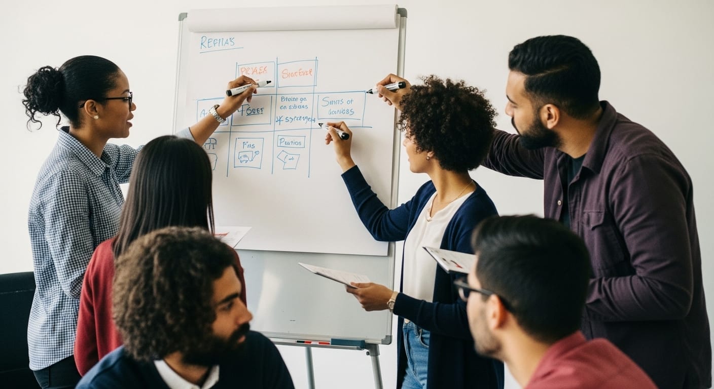 A teacher adjusting a lesson plan on a tablet after analyzing student performance data, promoting flexible teaching in a modern classroom.