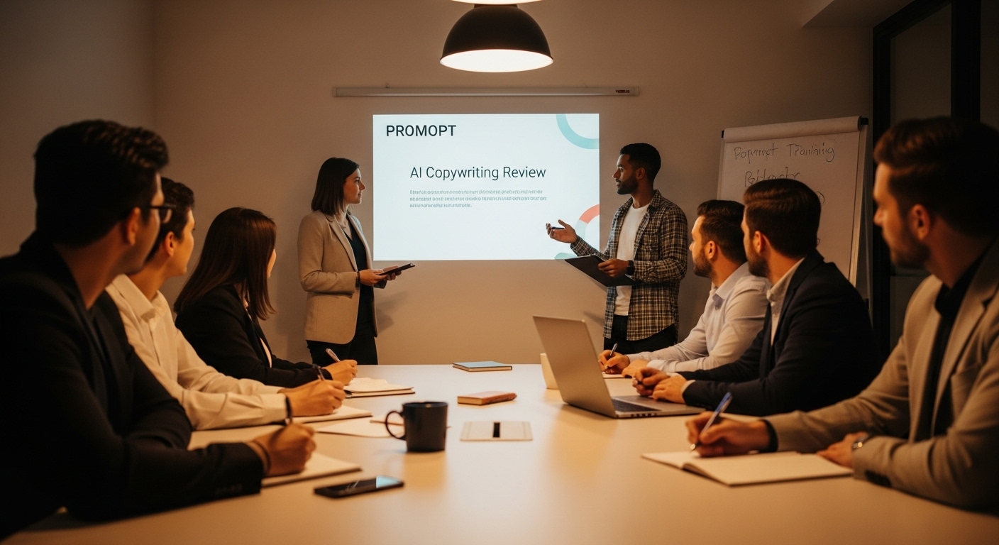 Marketing team attending a training session on AI prompt engineering and copywriting

