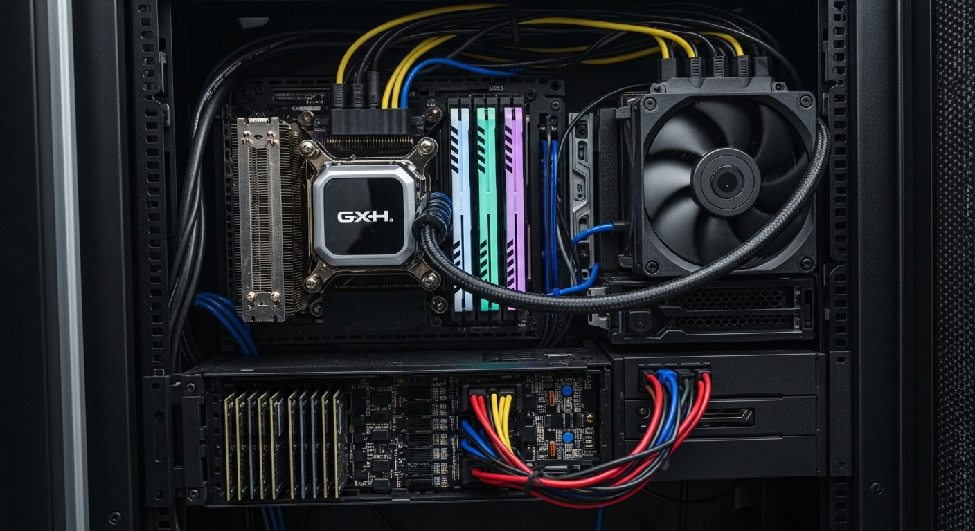 Close-up of a high-performance gaming server build with visible SSDs, RAM sticks, CPU cooling system, and cables organized in a clean server rack setup.