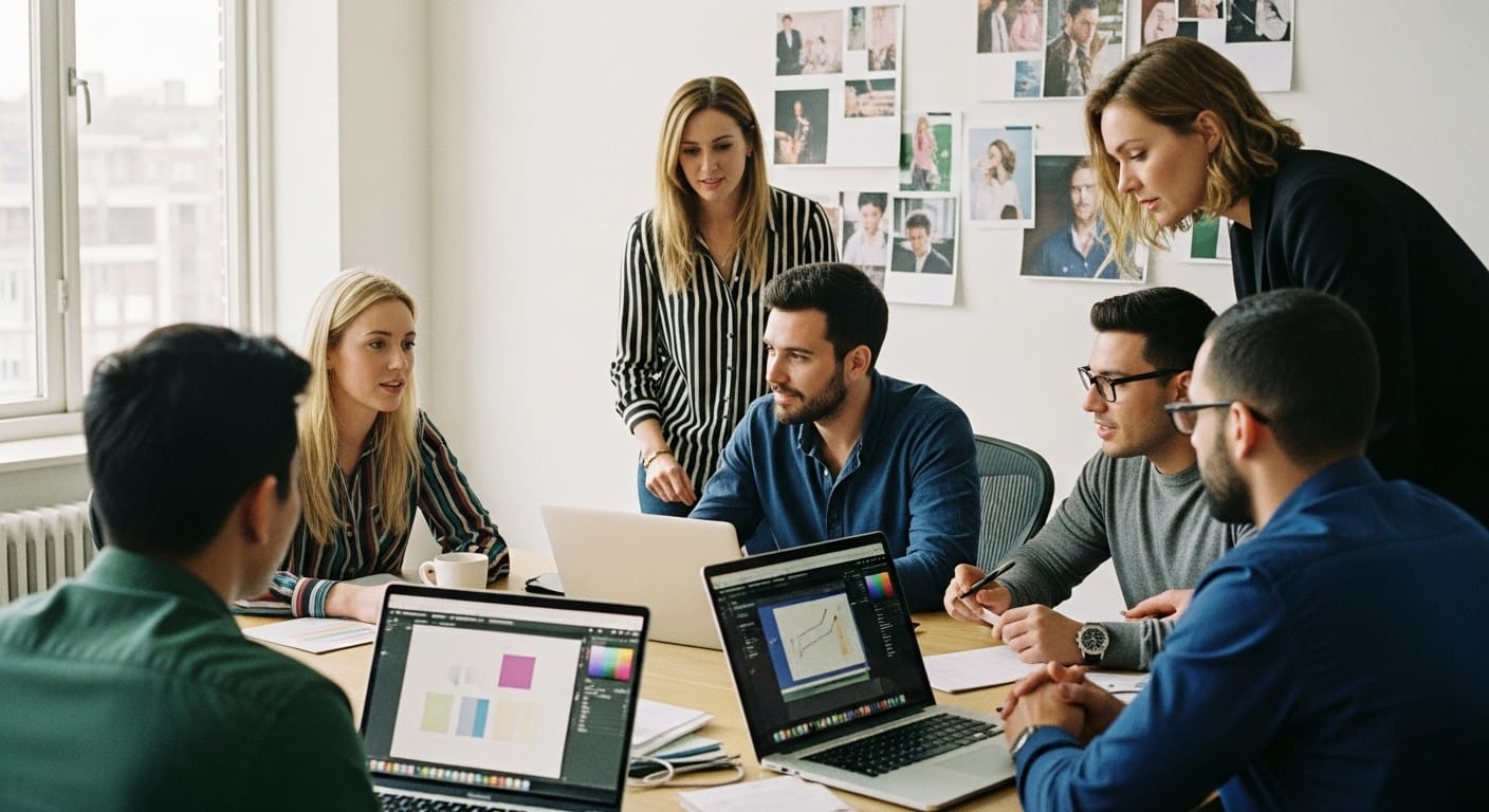 Marketing professionals using digital tools to create branded content for social media, blogs, and email campaigns with consistent visual style