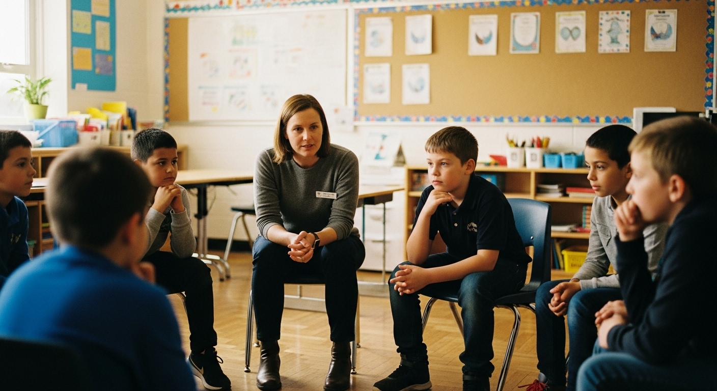 Teacher leading a short discussion about teamwork and respectful communication before a classroom game
