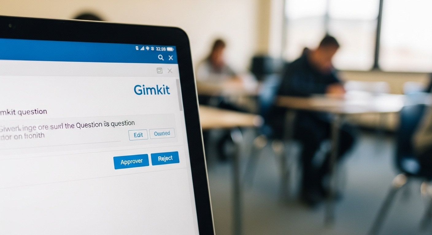 A close-up of a teacher’s screen showing Gimkit question submissions with Approve, Edit, and Reject buttons visible, while students are seen in the blurred background.