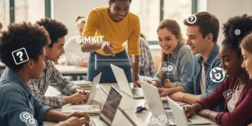 Focused student using a laptop while classmates collaborate on an interactive quiz in a modern classroom—illustrating Gimkit for student-led learning and content creation.
