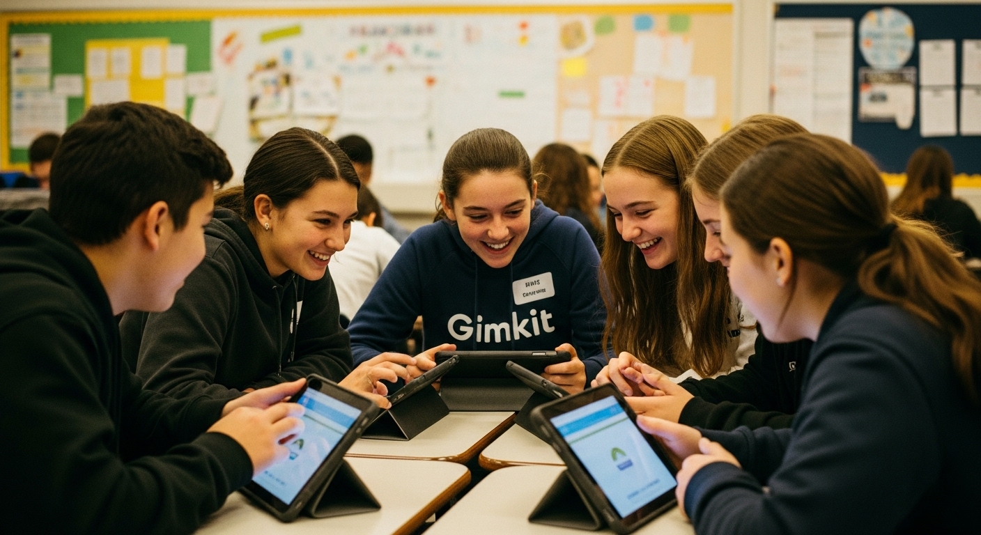 Middle school students working together on tablets, discussing strategy while playing an educational game in a vibrant classroom