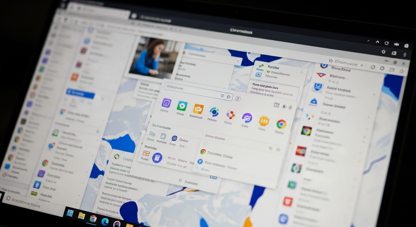 Close-up of a Chromebook screen showing multiple open browser tabs and apps