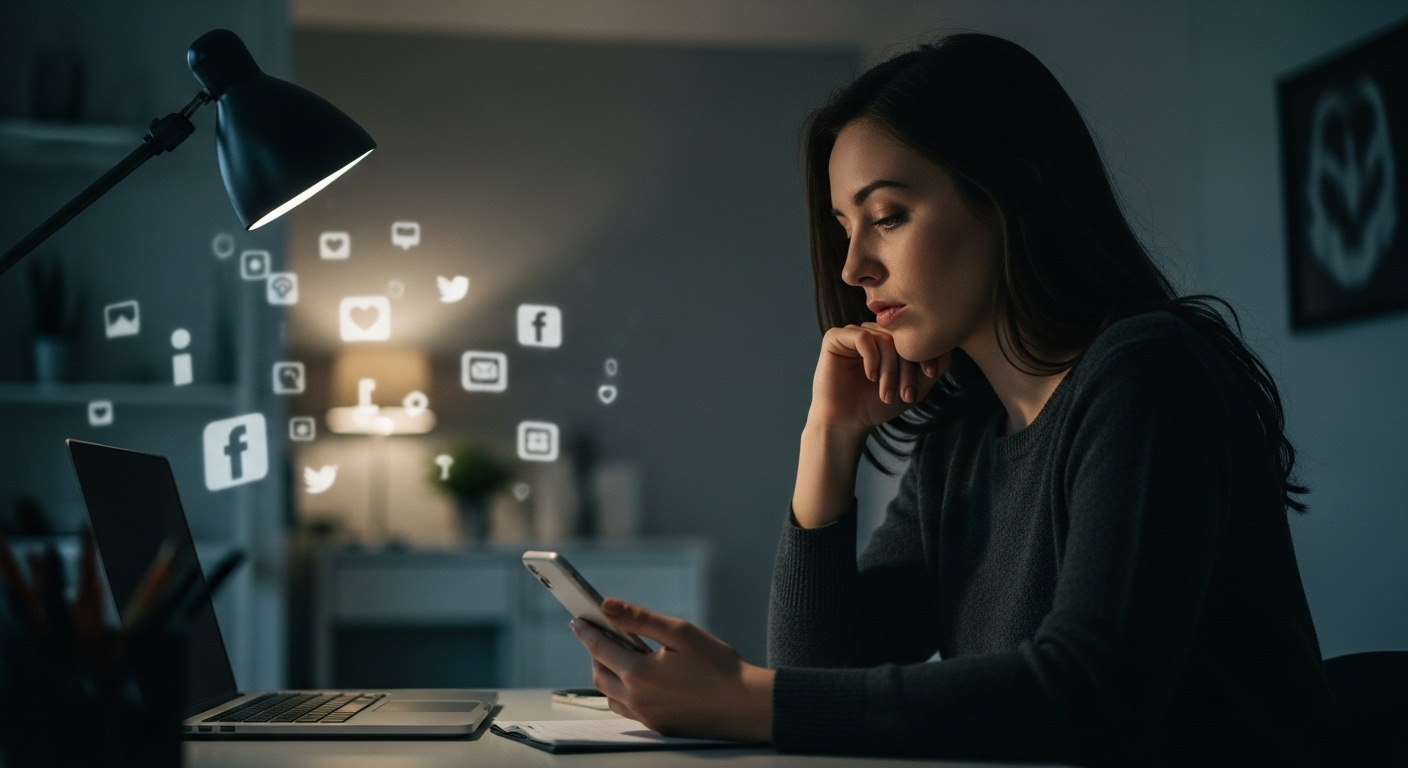 A young adult pausing before posting on a smartphone, seated indoors, reflecting on online privacy and oversharing risks.