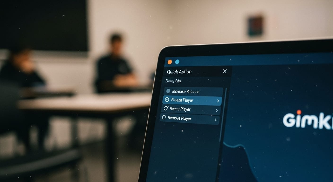 Close-up of Gimkit Quick Action sheet showing options to increase player balance, freeze player, or remove player during live game