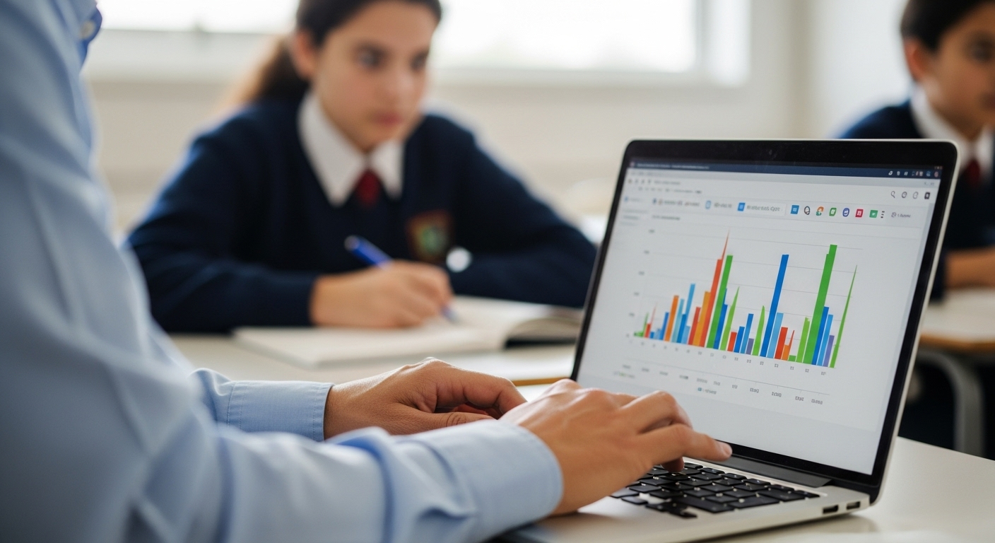 Teacher viewing student progress charts on laptop screen with Gimkit reports in a classroom setting