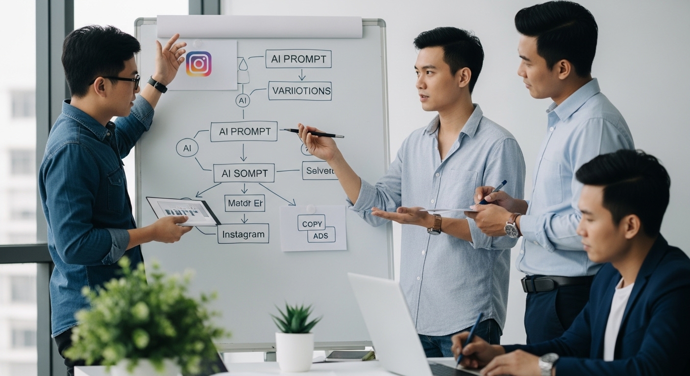 Team working on AI prompt templates for retargeting ads across Instagram and Google channels

