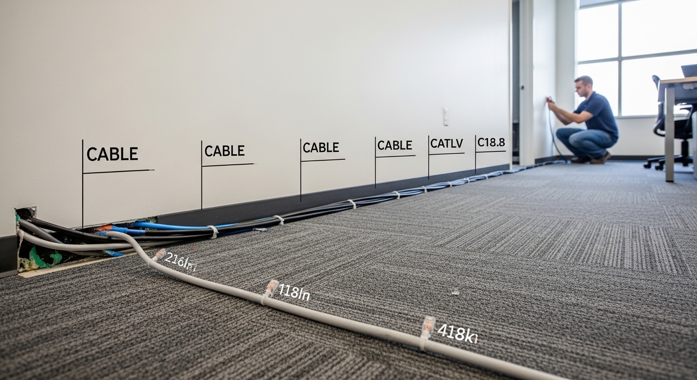 Long Ethernet cable run across an office space, highlighting how cable distance affects performance and speed.
