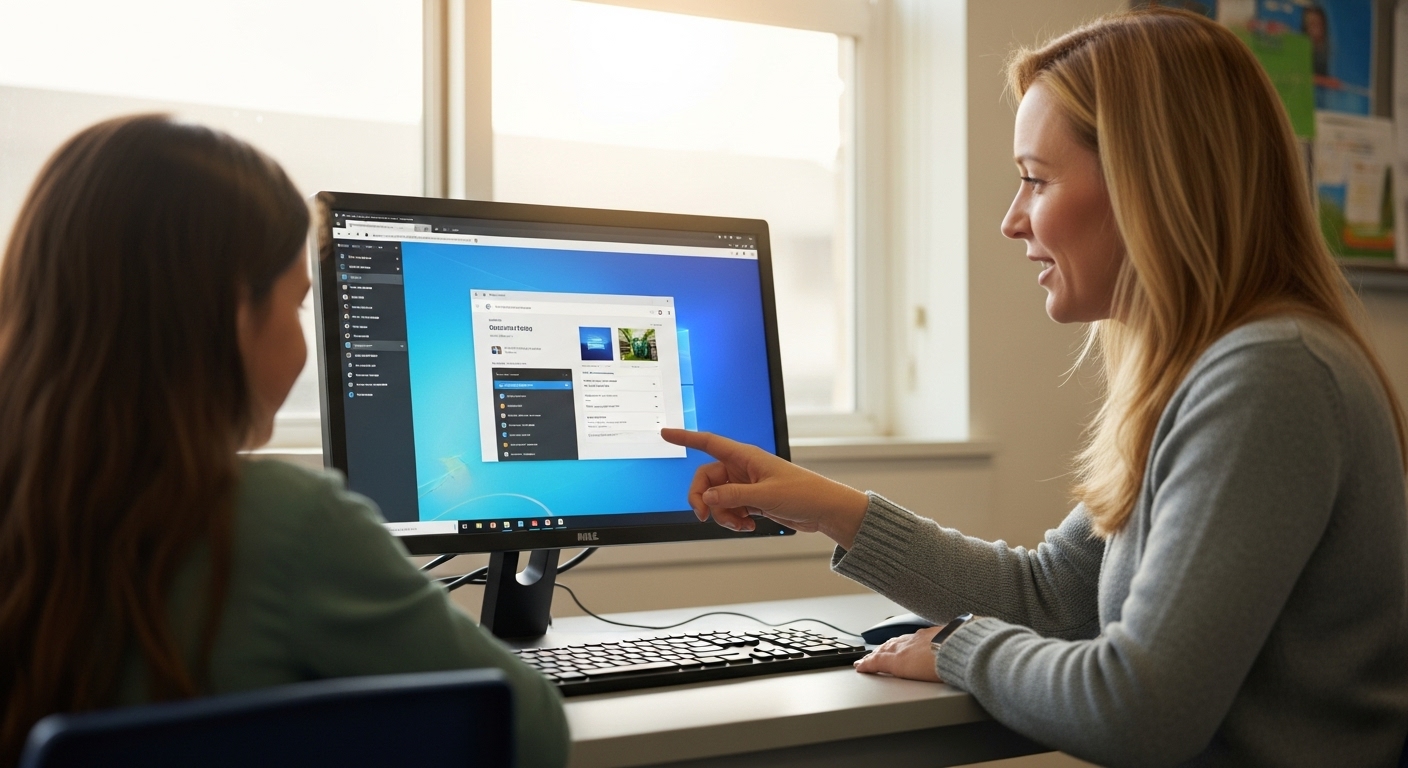Teacher and student smiling while using a secure and fast Windows VPS for digital learning in a classroom