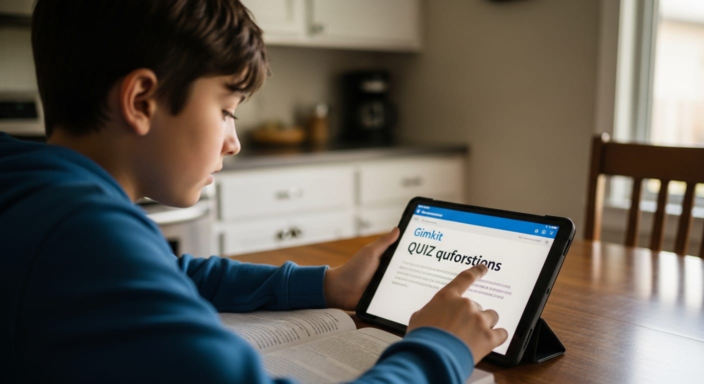 “Middle school student using a tablet at home, answering quiz questions on Gimkit app as part of flipped classroom homework