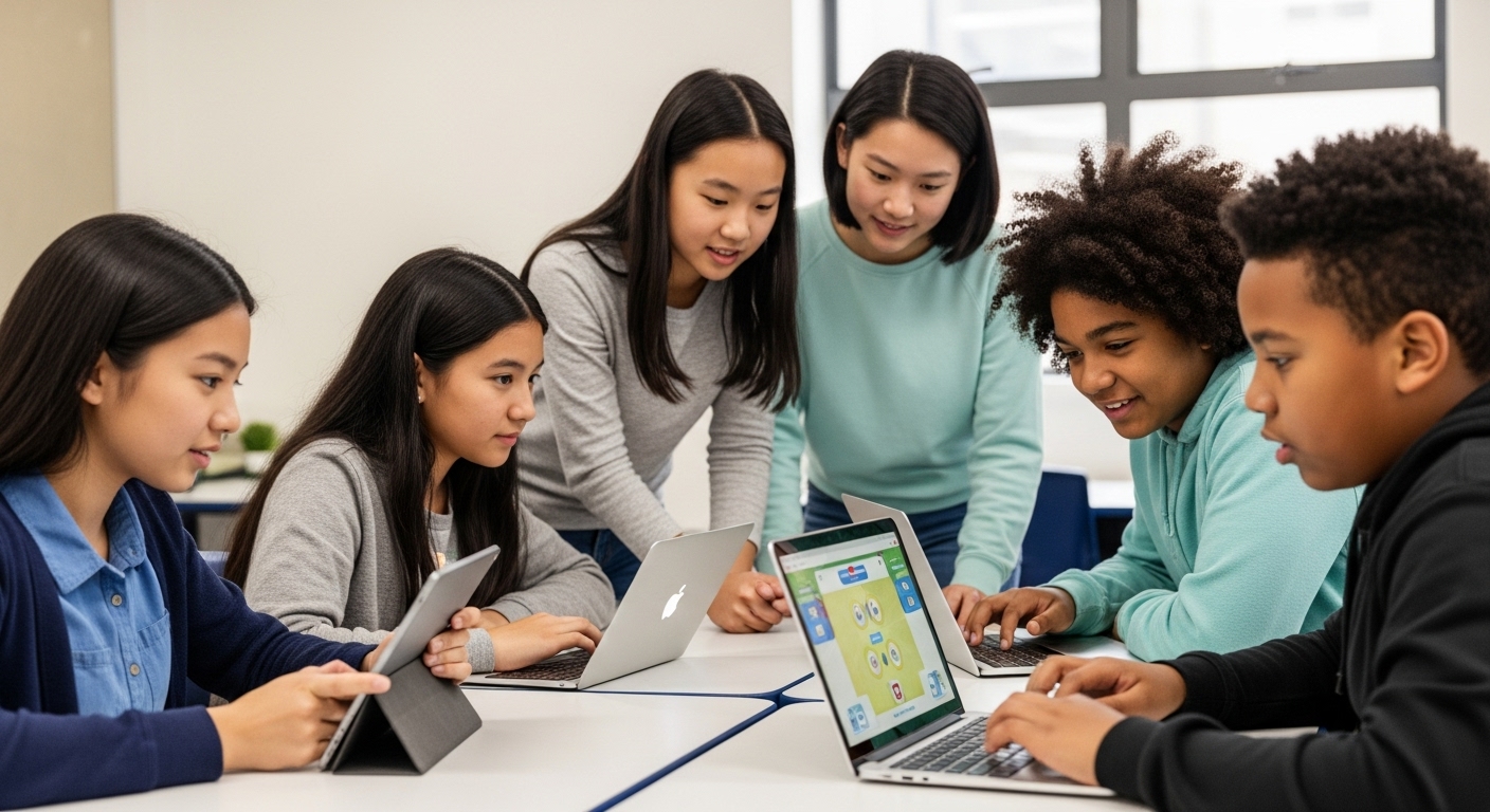 Diverse group of students using technology for learning games at their own pace, showing inclusive education and flexibility 