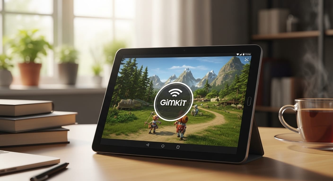 Android tablet connected to strong Wi-Fi, Gimkit gameplay in progress