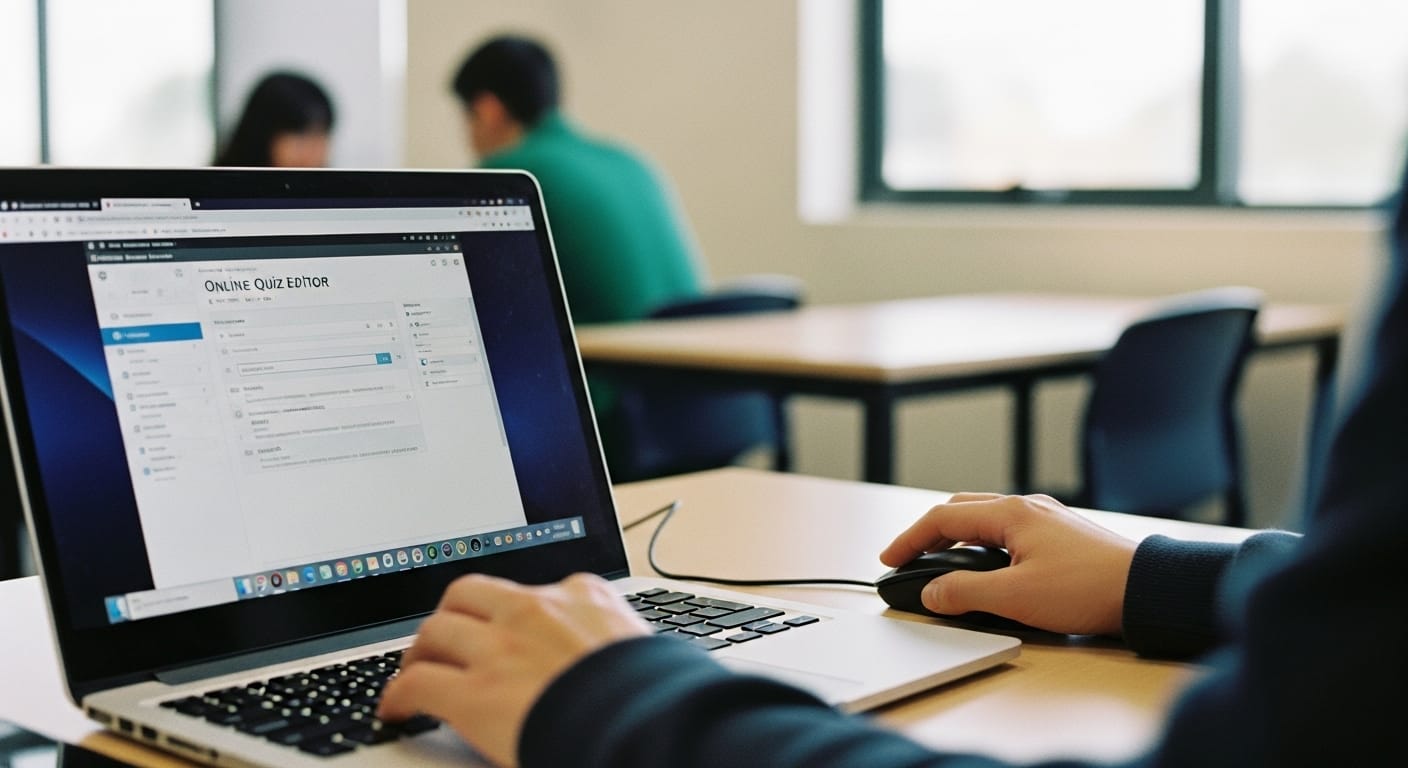 User quickly adding questions in a quiz editor on a laptop screen, demonstrating fast editing with keyboard and mouse shortcuts