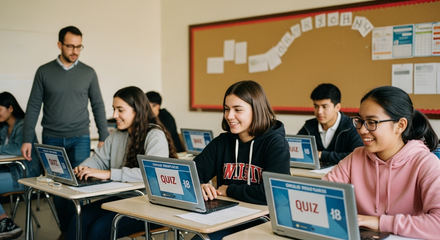 Middle school students reviewing concepts using a familiar quiz game in class days after first learning