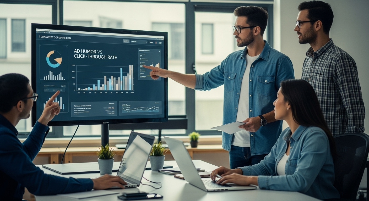Team analyzing ad performance data to update and improve AI-generated marketing content