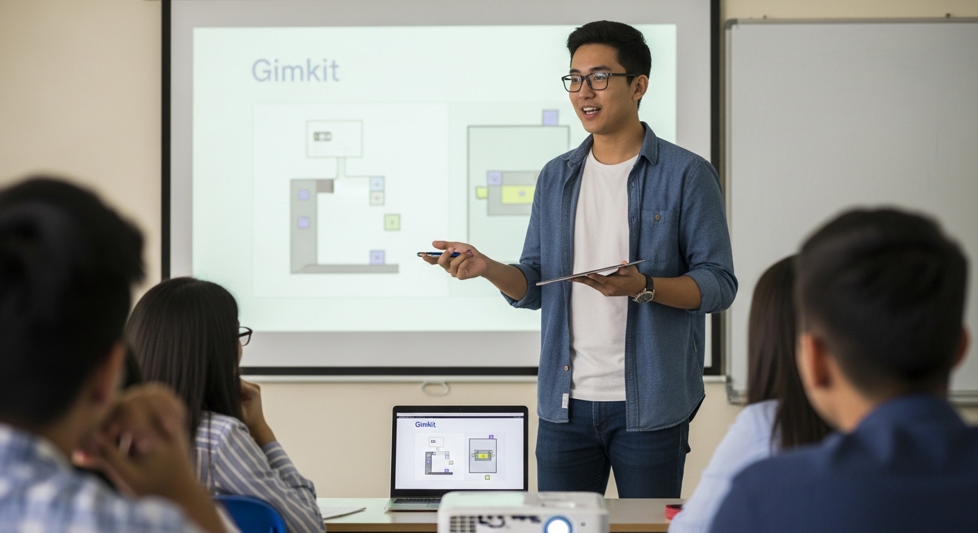 Student explaining a concept with a self-created Gimkit Kit to peers
