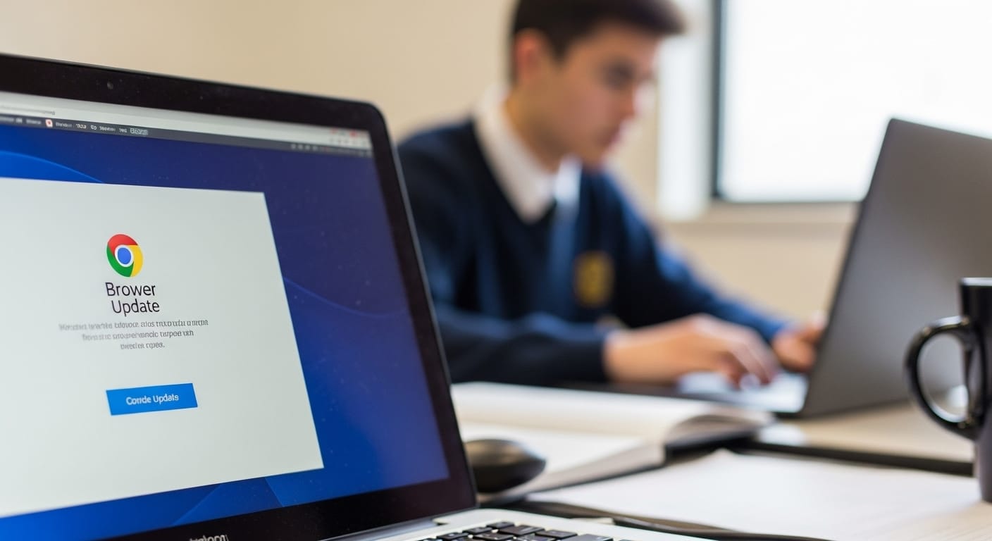 Close-up of a computer screen showing a browser update notification with a student in the background