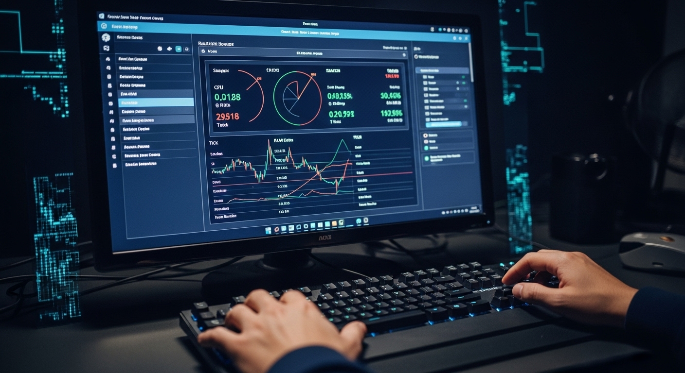 Close-up of a server dashboard with real-time performance metrics showing CPU, RAM, and tick rate during peak gaming hours