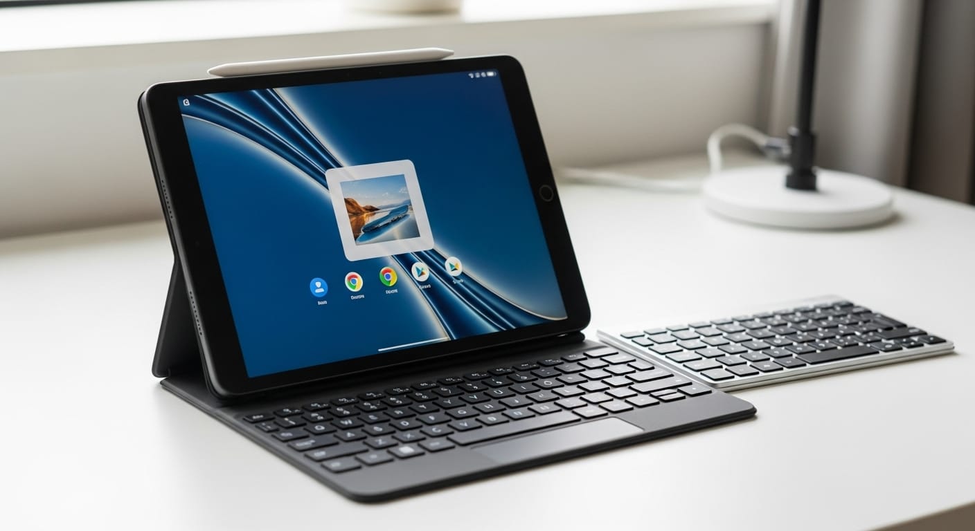 Android tablet with on-screen keyboard open and a Bluetooth keyboard nearby, ready for Gimkit gameplay