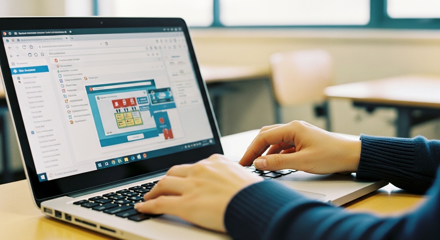 Close-up of a teacher’s hands on a laptop setting up an online classroom game with tabs preloaded for quick access.