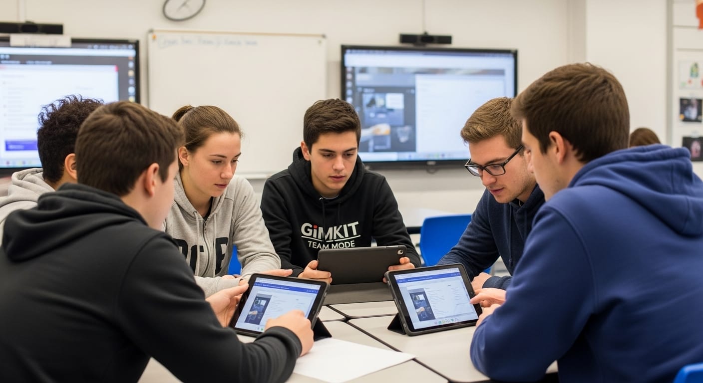 “Small student groups in a classroom solving problems together with tablets, using Gimkit’s team mode in a flipped classroom setting