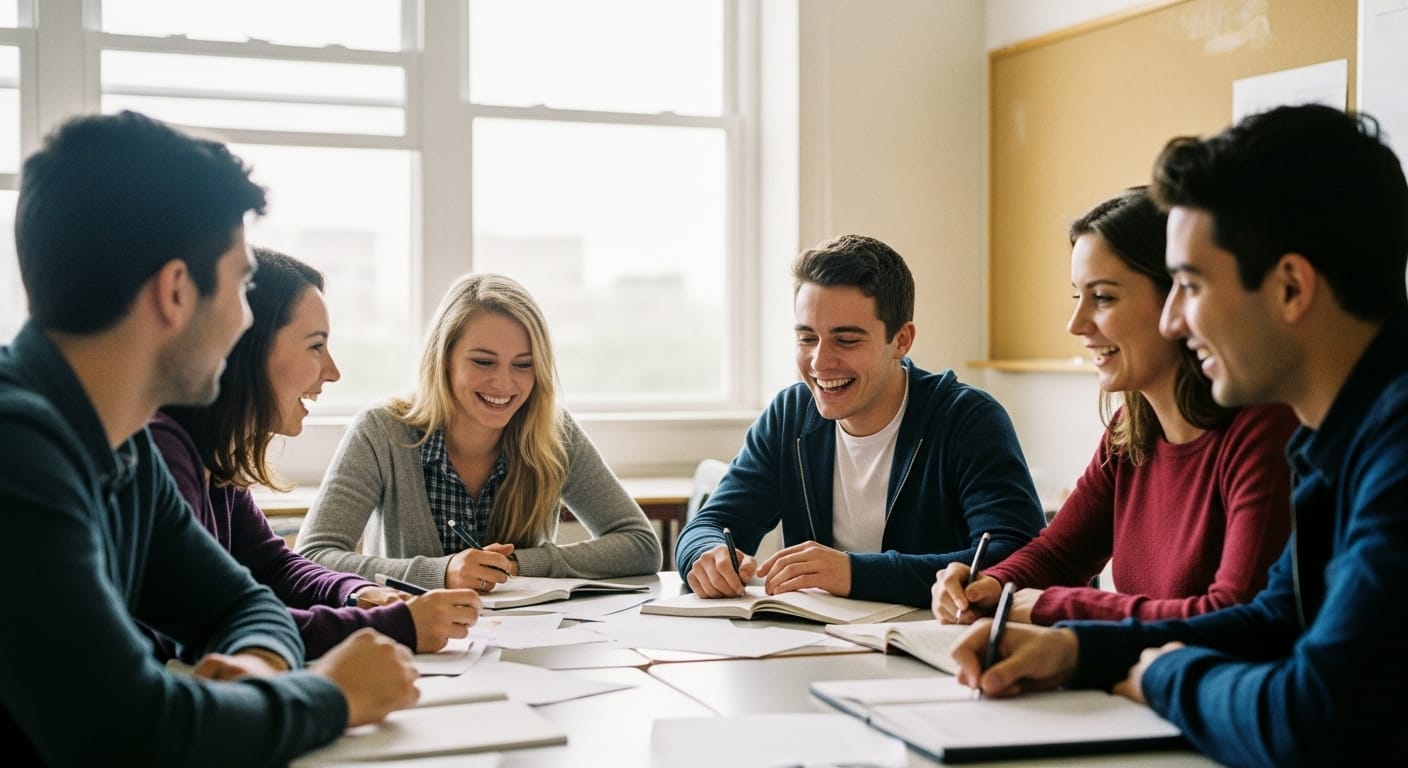 Group of students working together around a table on a collaborative classroom game project, blending competition and teamwork
