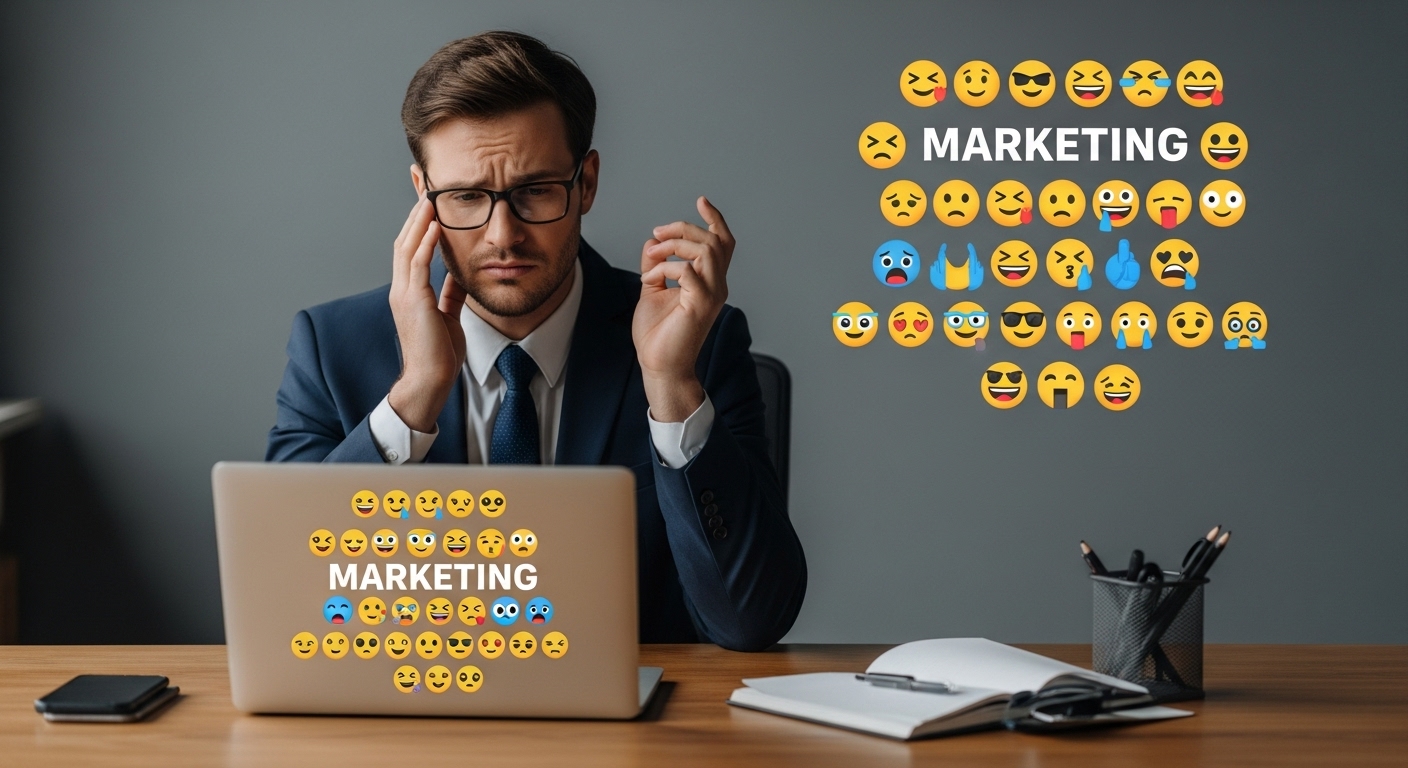 A business ad on a laptop screen showing emojis and casual text targeted to executives, while a CFO frowns in disbelief.