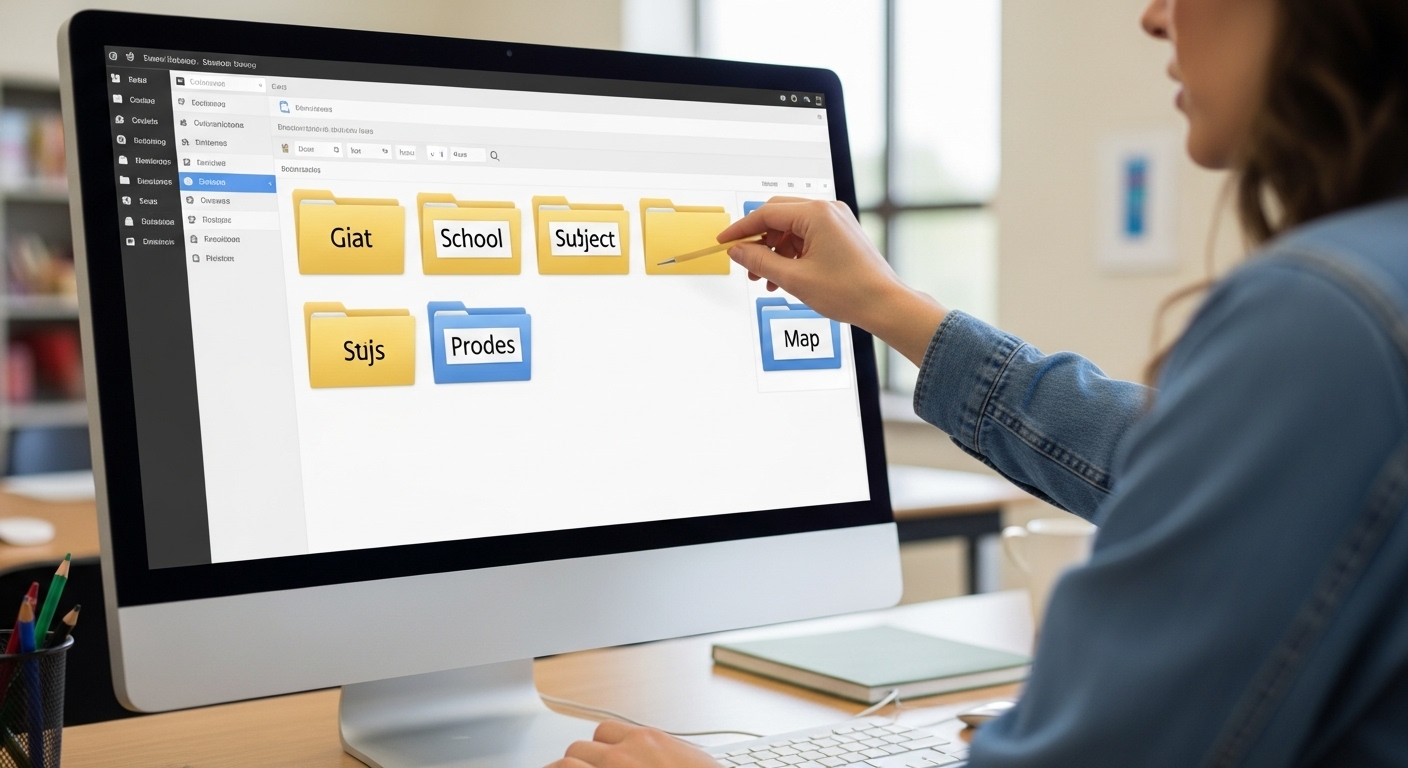 Teacher managing organized Gimkit Kits by topic on computer screen in classroom