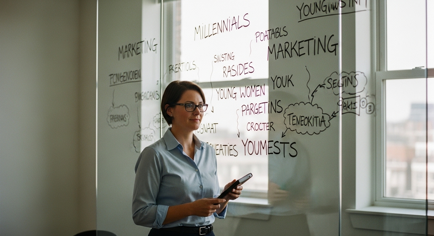 A businesswoman looking at a whiteboard filled with vague demographic terms like "millennials" and "young adults," appearing frustrated or confused.