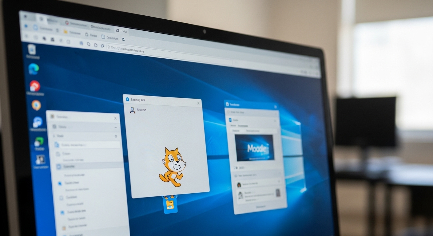 Windows VPS dashboard showing Scratch and Moodle running smoothly, symbolizing stable performance for online educational tools