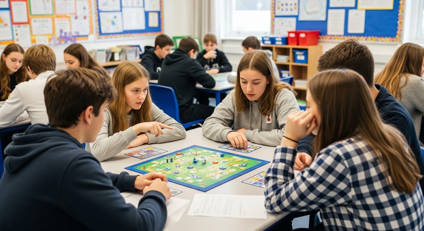  Students collaborating in teams during a strategic classroom game session with Gimkit