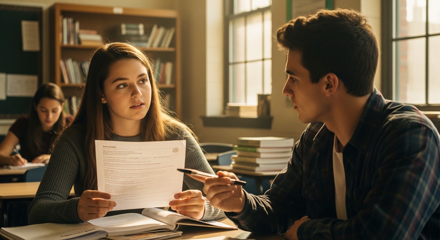 Student checking another student’s written questions for clarity and accuracy