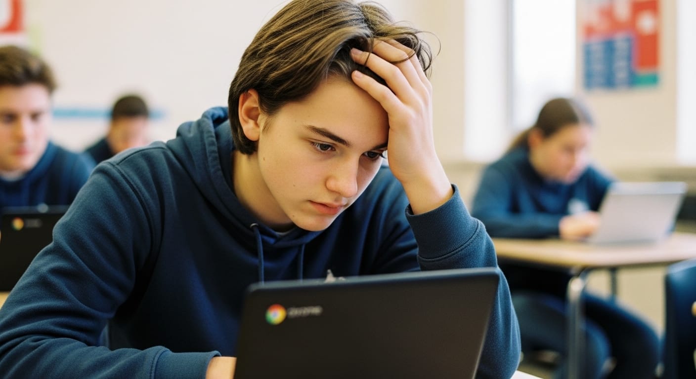 Frustrated student facing slow Chromebook performance in a classroom setting